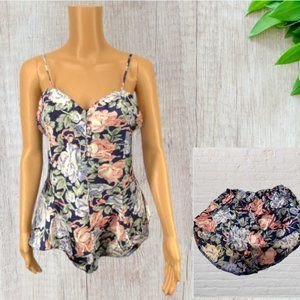 KATHRYN -- Baby Doll Pajamas, Silky, Two Piece, Black w/Floral Print, Vintage